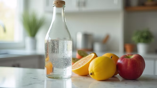 Water bottle and fresh fruits for healthy hydration